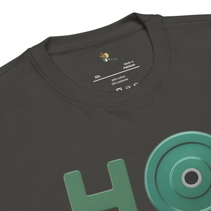 Black t-shirt with green graphic design on a white background