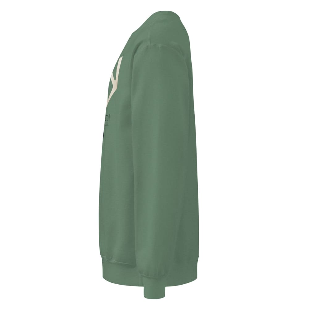 Green sweatshirt with a logo on the chest against a white background