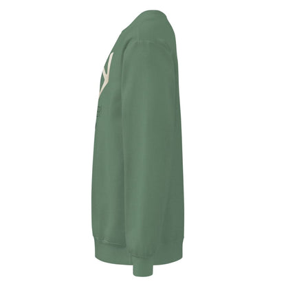 Green sweatshirt with a logo on the chest against a white background