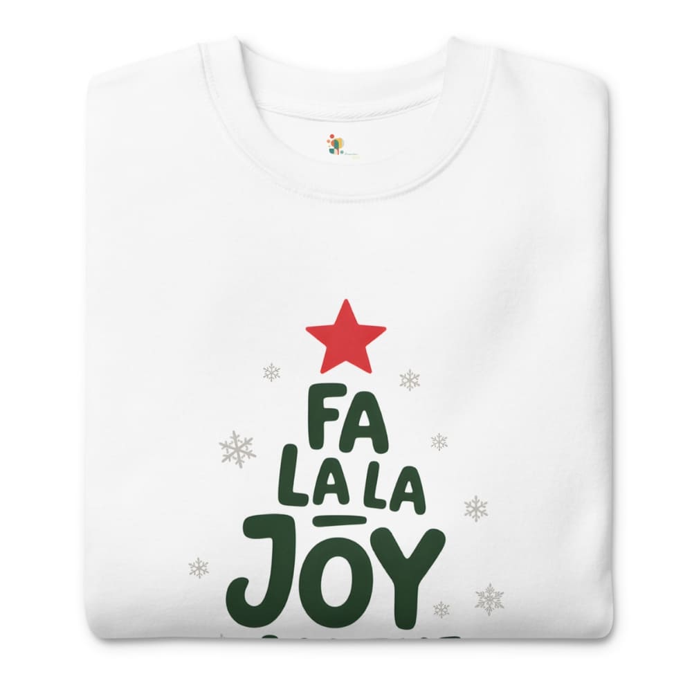 White sweatshirt with 'Fa La La Joy' text and red star design on a white background
