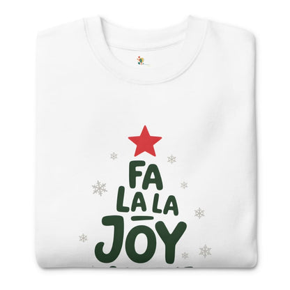 White sweatshirt with 'Fa La La Joy' text and red star design on a white background