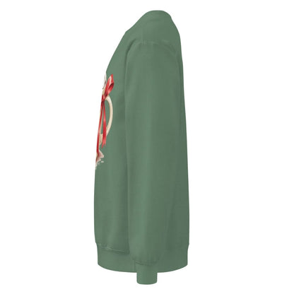 Green sweatshirt with a red and white graphic on a white background