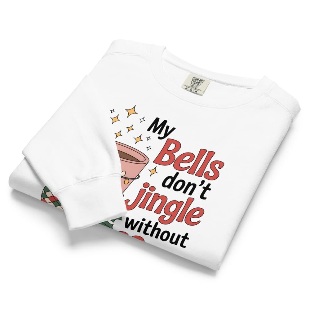 White t-shirt with humorous text design on a white background