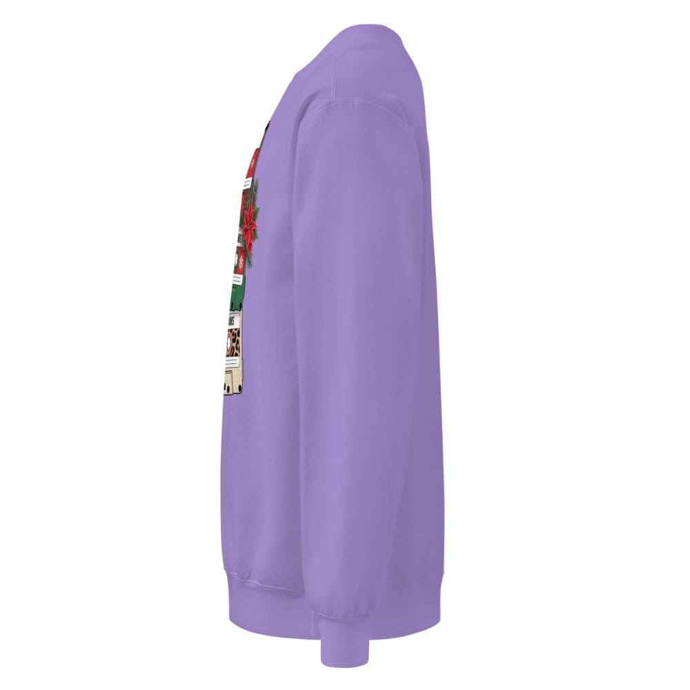 Purple sweatshirt with colorful graphics on the sleeve against a white background
