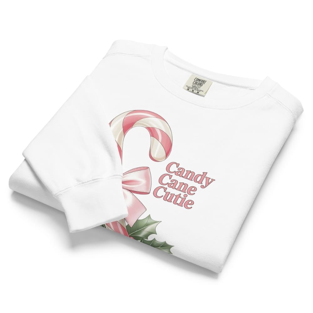 White shirt with candy cane design and 'Candy Cane Cutie' text on a white background