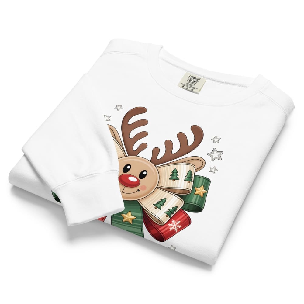 White t-shirt with a Christmas-themed reindeer design on a white background