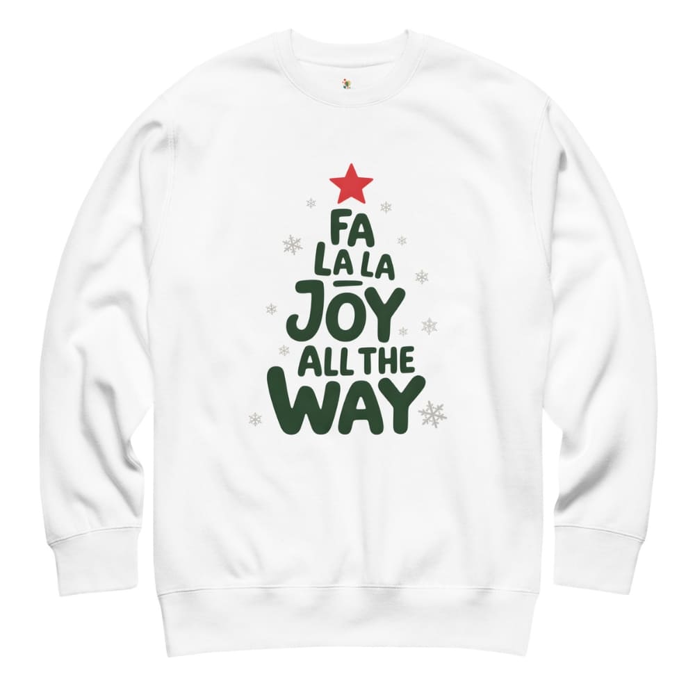 White sweatshirt with Christmas-themed text and graphics on a white background