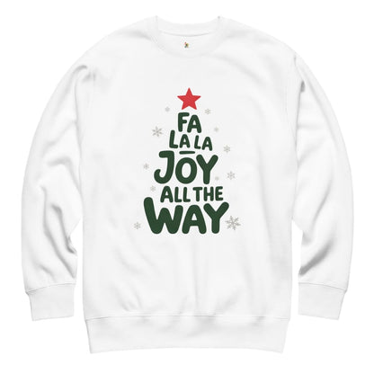 White sweatshirt with Christmas-themed text and graphics on a white background