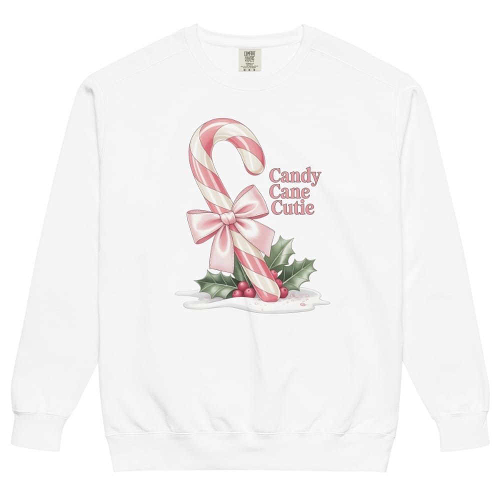 White sweatshirt with candy cane and bow design on a white background