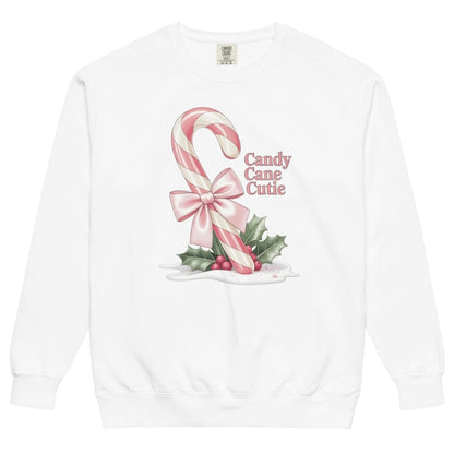 White sweatshirt with candy cane and bow design on a white background