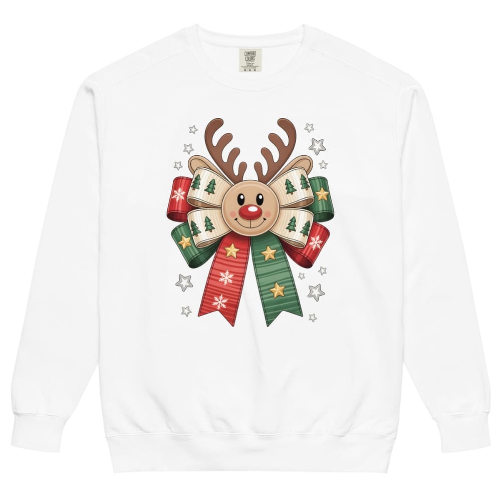 White sweatshirt with a festive reindeer design on a white background