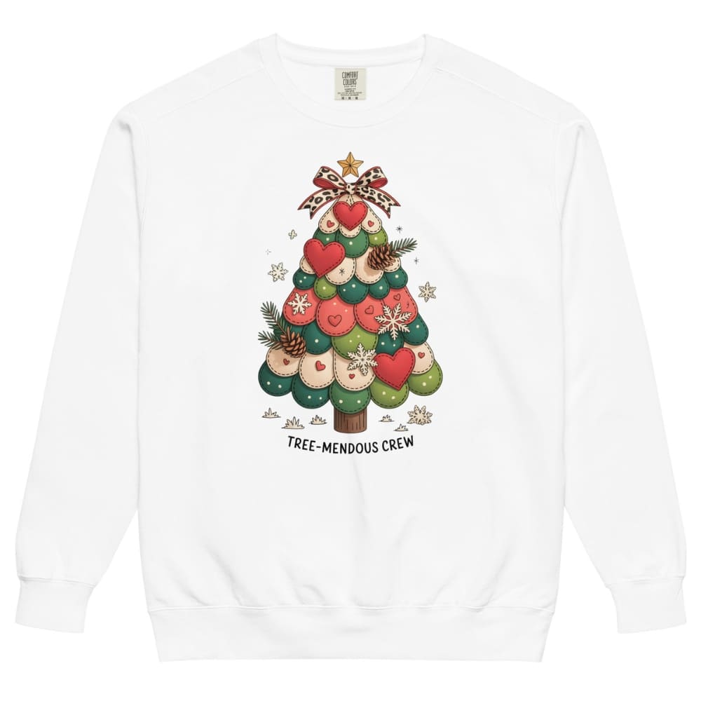 White sweatshirt with a Christmas tree design and text on a white background