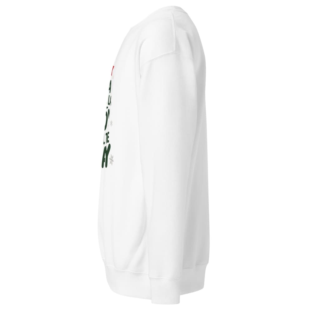 White sweatshirt with green text on a white background