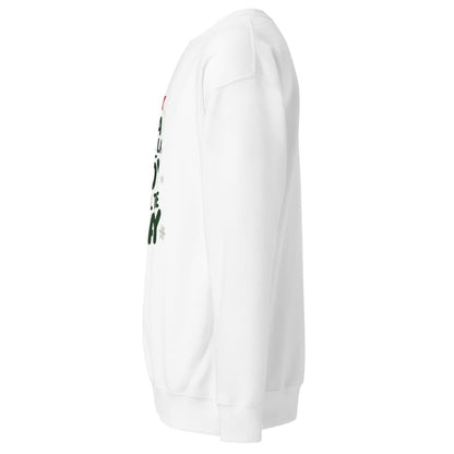 White sweatshirt with green text on a white background