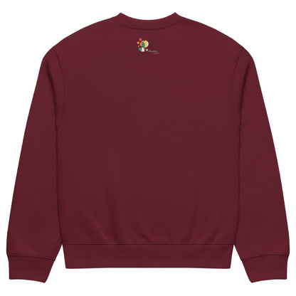 Maroon sweatshirt with a small colorful logo on the chest against a white background
