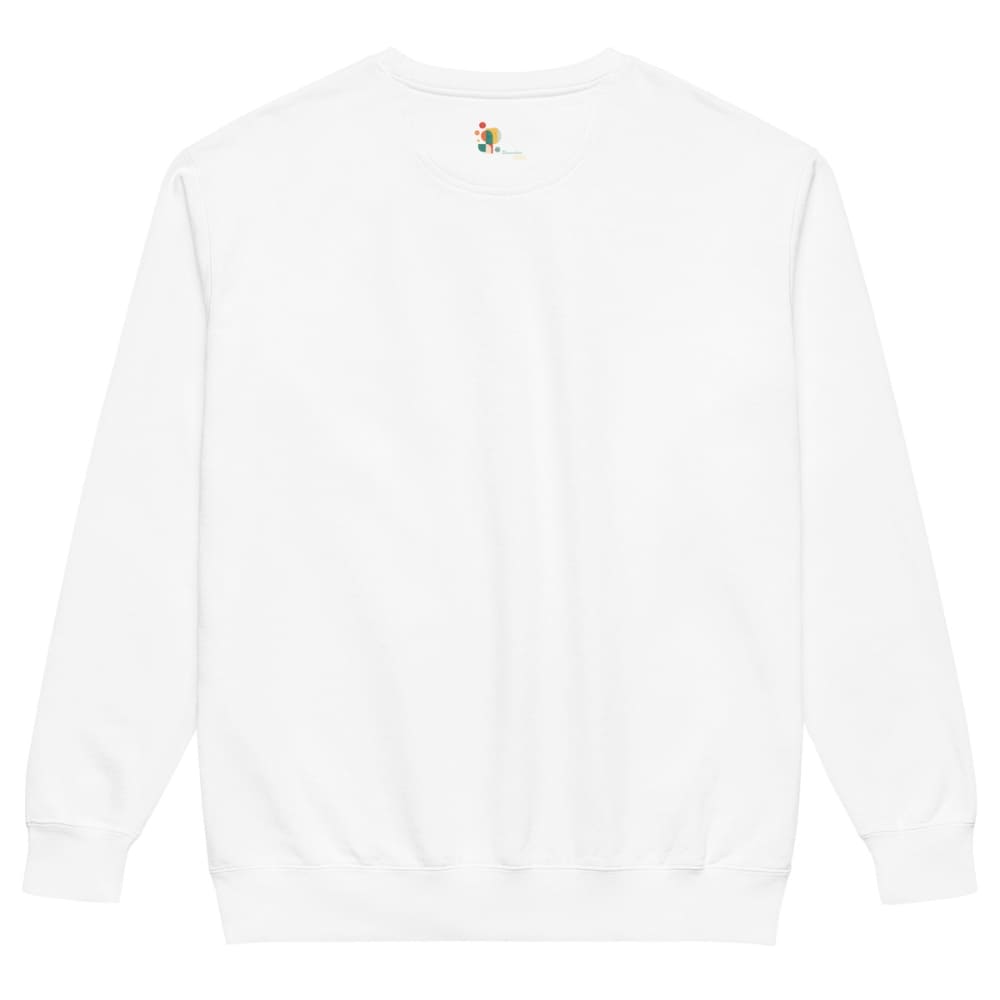 White sweatshirt with a small colorful logo on the chest against a white background