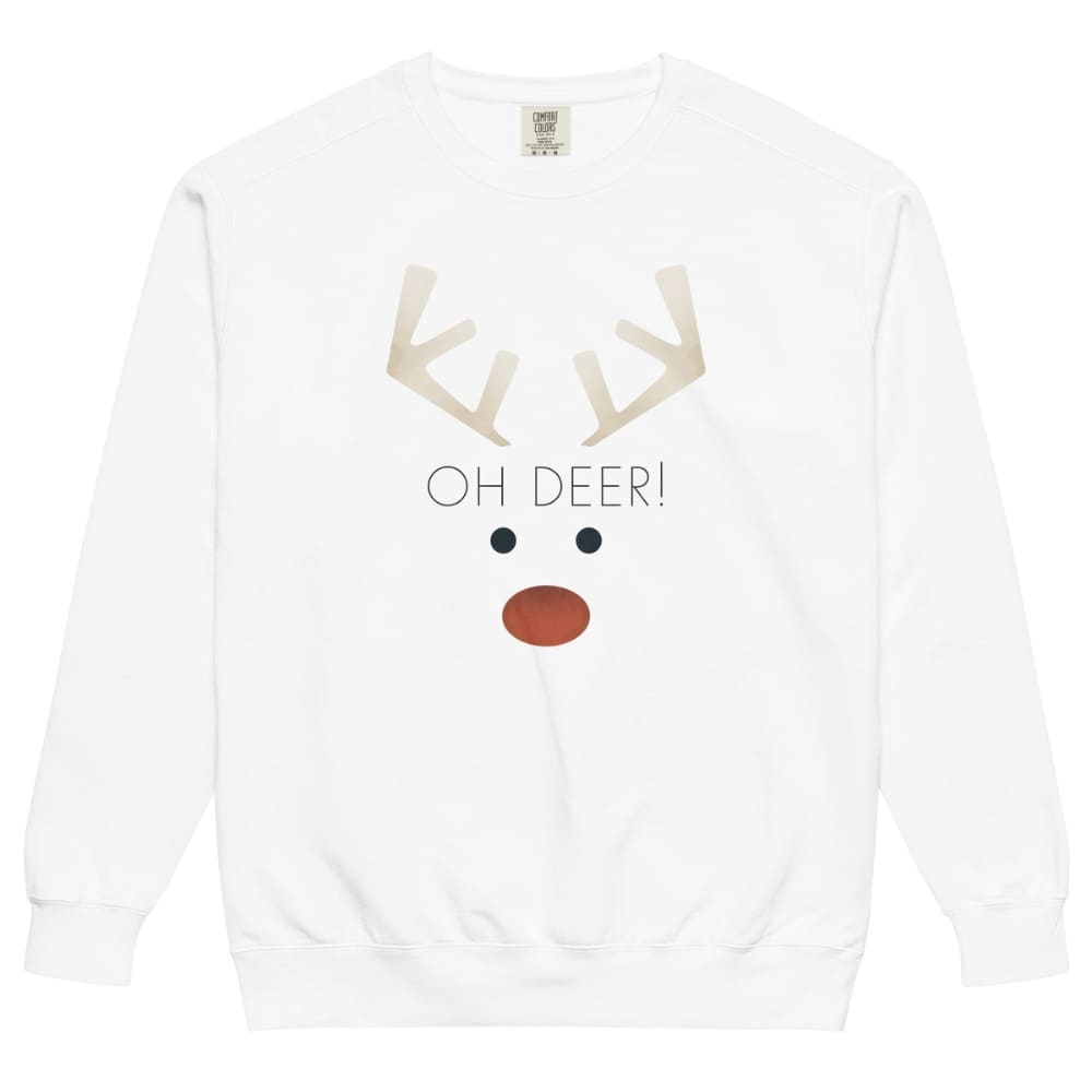 White sweatshirt with a reindeer face design and 'Oh Deer!' text on a white background