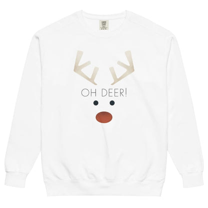White sweatshirt with a reindeer face design and 'Oh Deer!' text on a white background