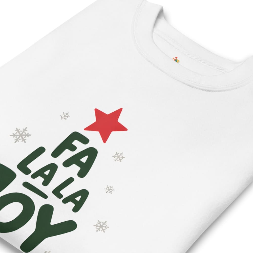 White t-shirt with 'Fa La La Boy' text and red star design on a white background