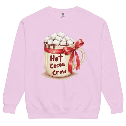 Pink sweatshirt with a hot cocoa graphic and 'Hot Cocoa Crew' text on a white background