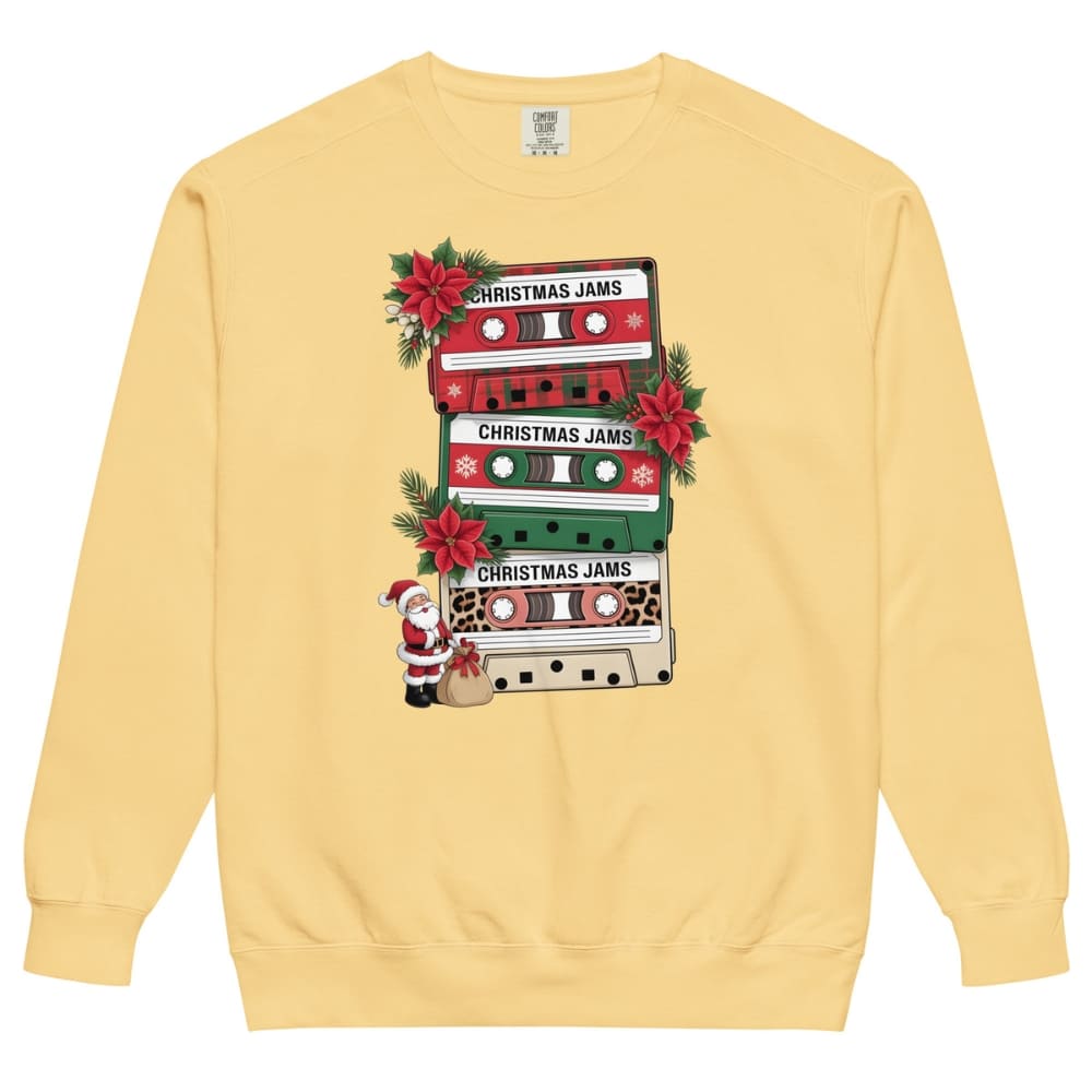 Yellow sweatshirt with Christmas-themed cassette tape design on a white background