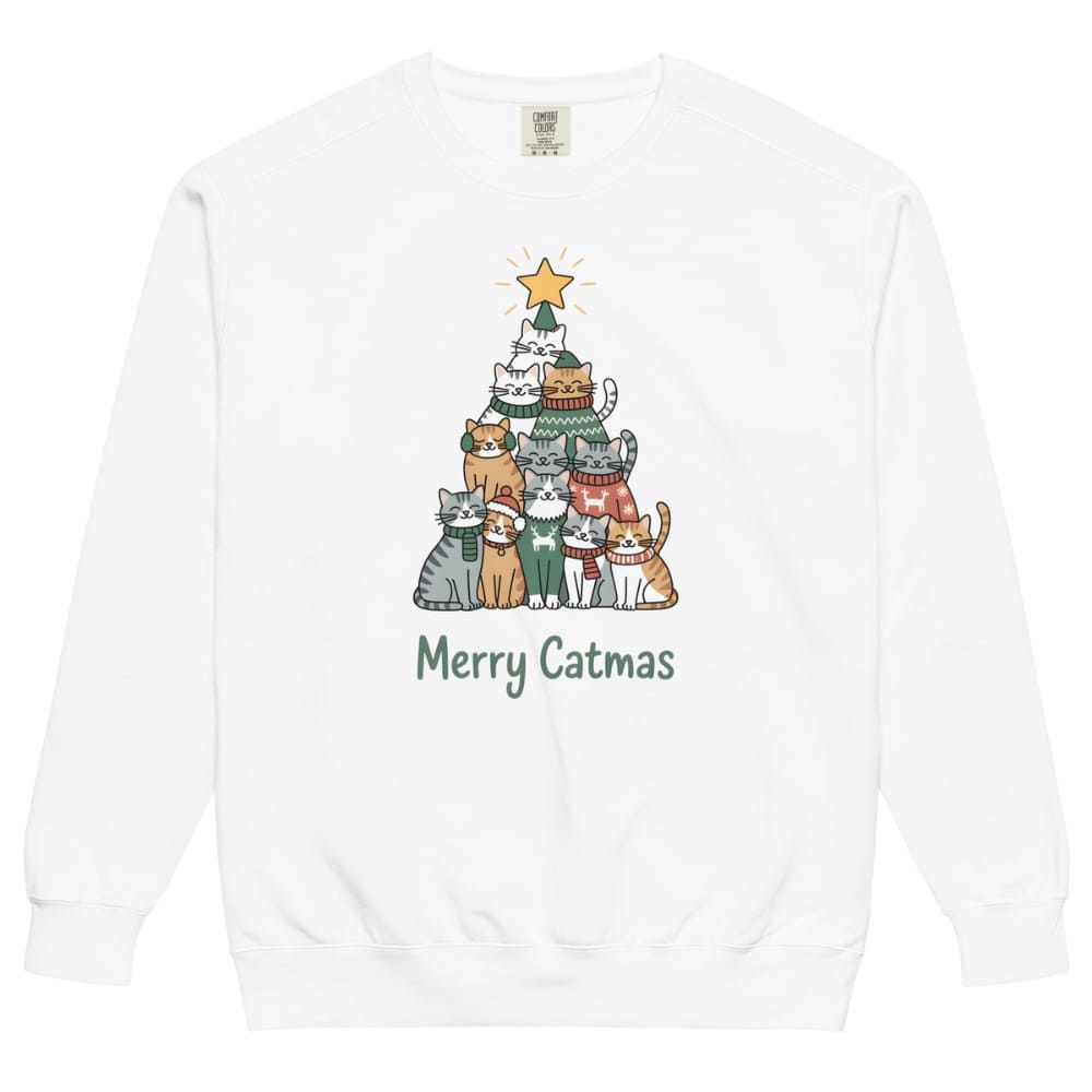 White sweatshirt with a Christmas tree design featuring cats and 'Merry Catmas' text on a white background.