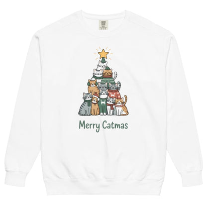 White sweatshirt with a Christmas tree design featuring cats and 'Merry Catmas' text on a white background.