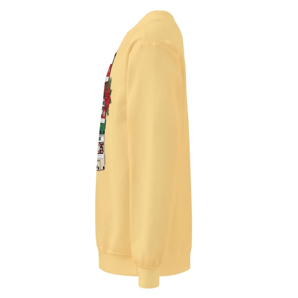Yellow sweatshirt with colorful graphics on the sleeve against a white background
