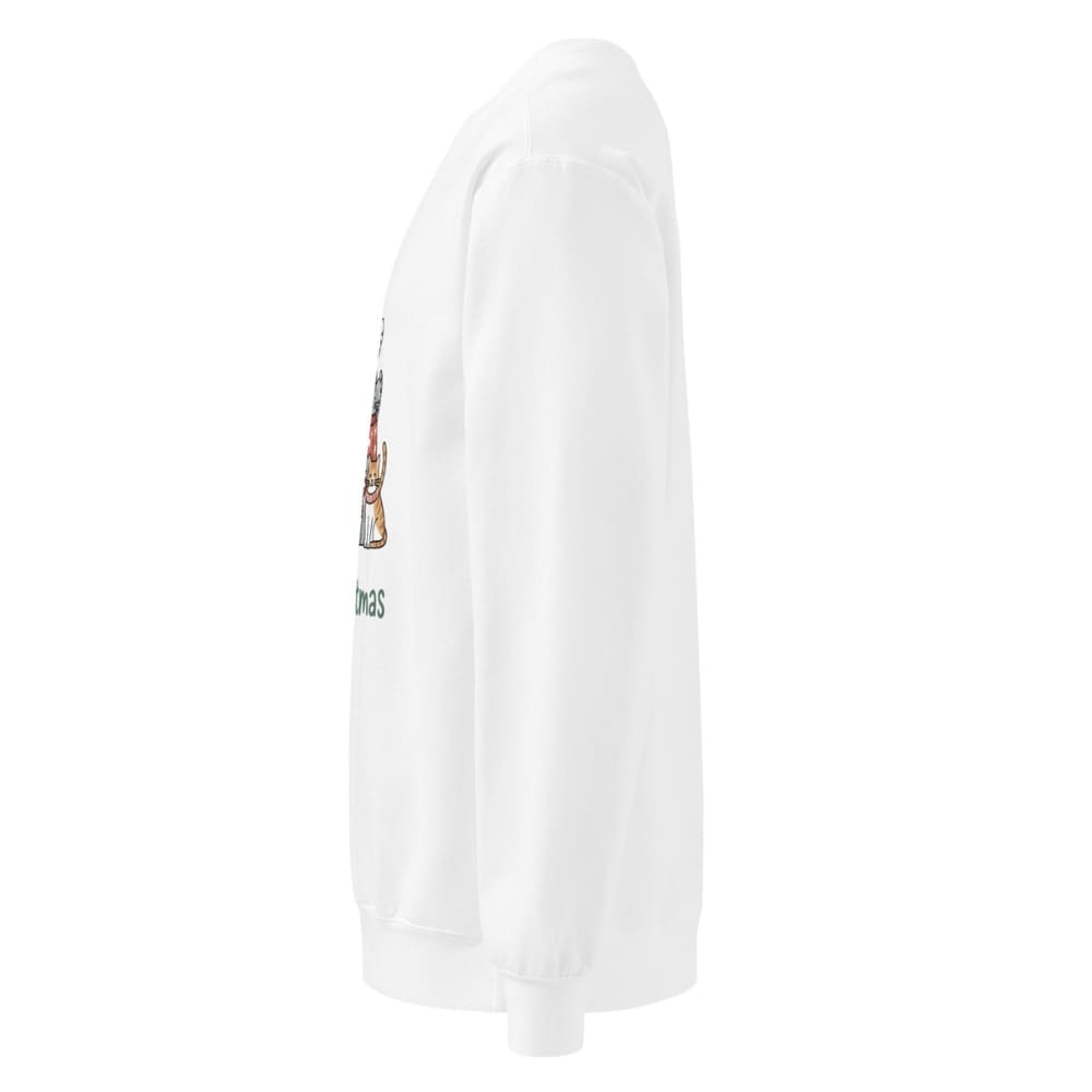 White sweatshirt with a graphic design on the sleeve against a white background