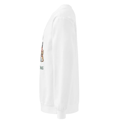 White sweatshirt with a graphic design on the sleeve against a white background