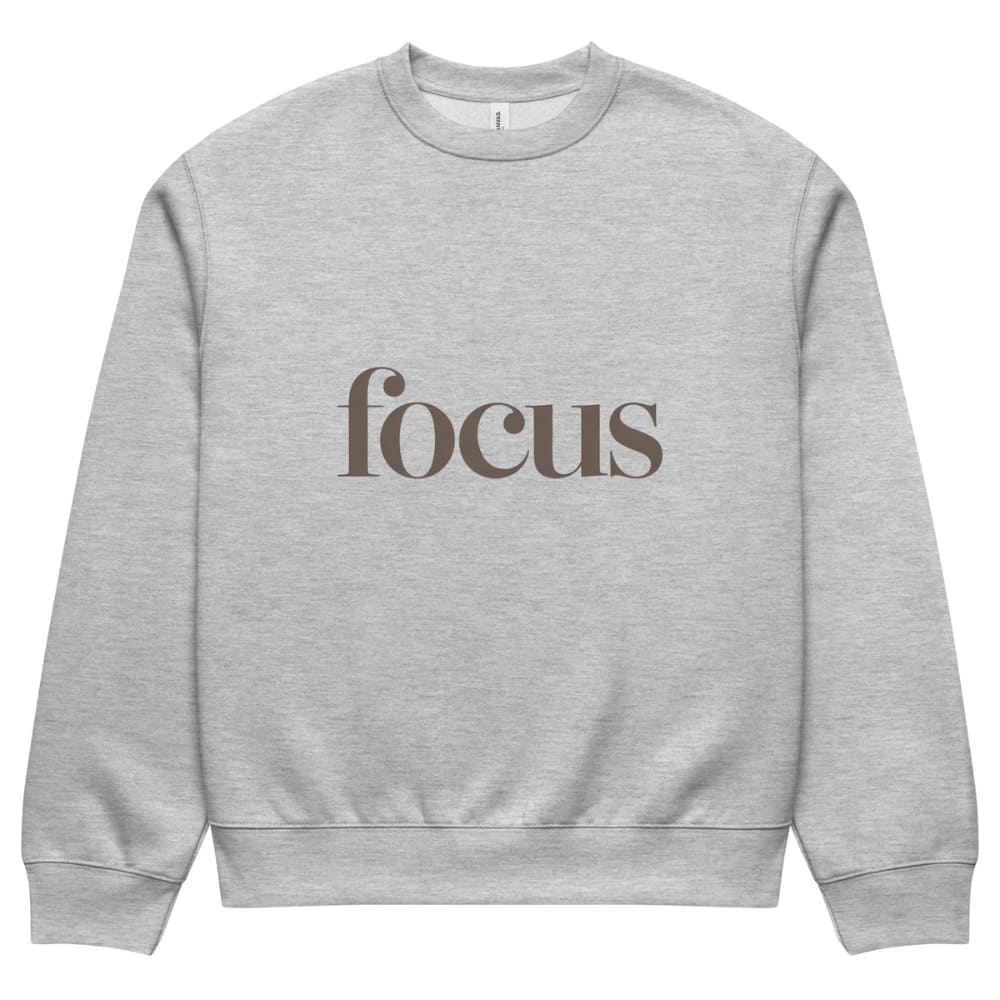 Gray sweatshirt with 'focus' text on a white background