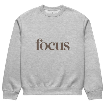 Gray sweatshirt with 'focus' text on a white background