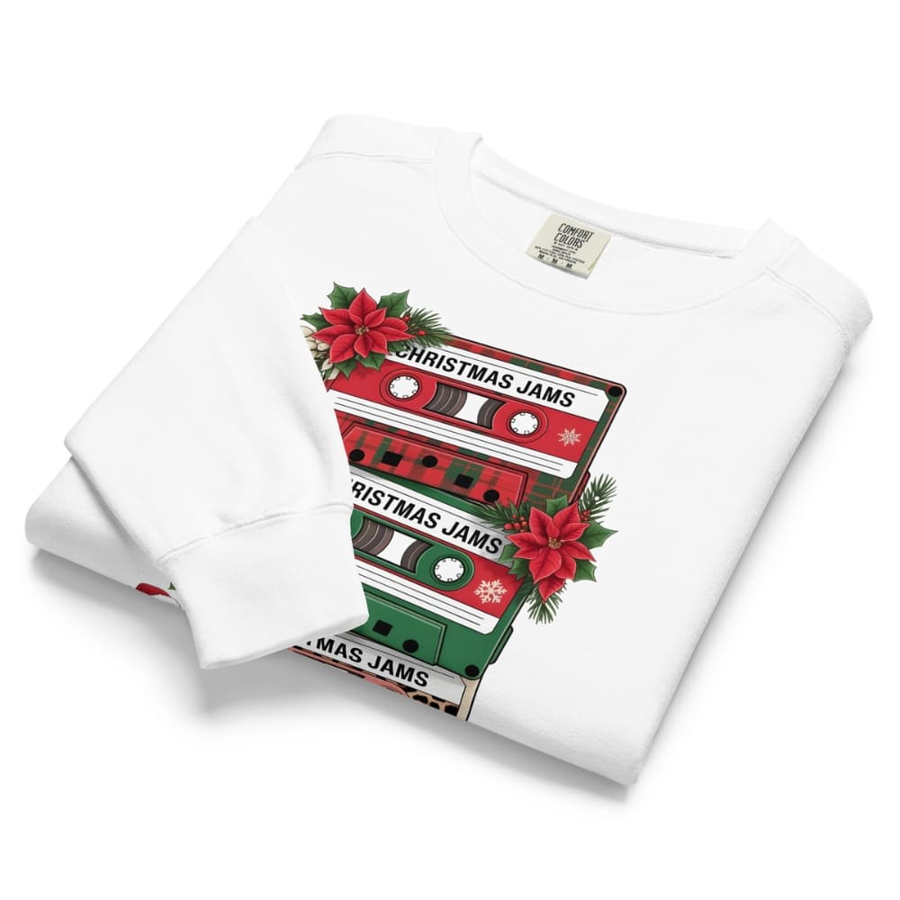 White sweatshirt with Christmas-themed cassette design on a white background