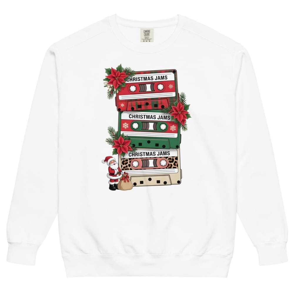 White sweatshirt with Christmas-themed cassette tape design on a white background