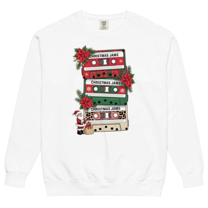 White sweatshirt with Christmas-themed cassette tape design on a white background