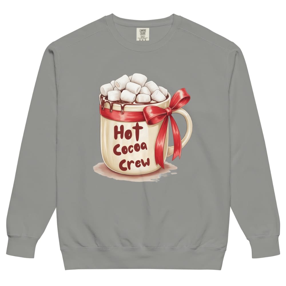 Gray sweatshirt with a hot cocoa graphic and 'Hot Cocoa Crew' text on a white background