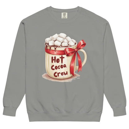Gray sweatshirt with a hot cocoa graphic and 'Hot Cocoa Crew' text on a white background