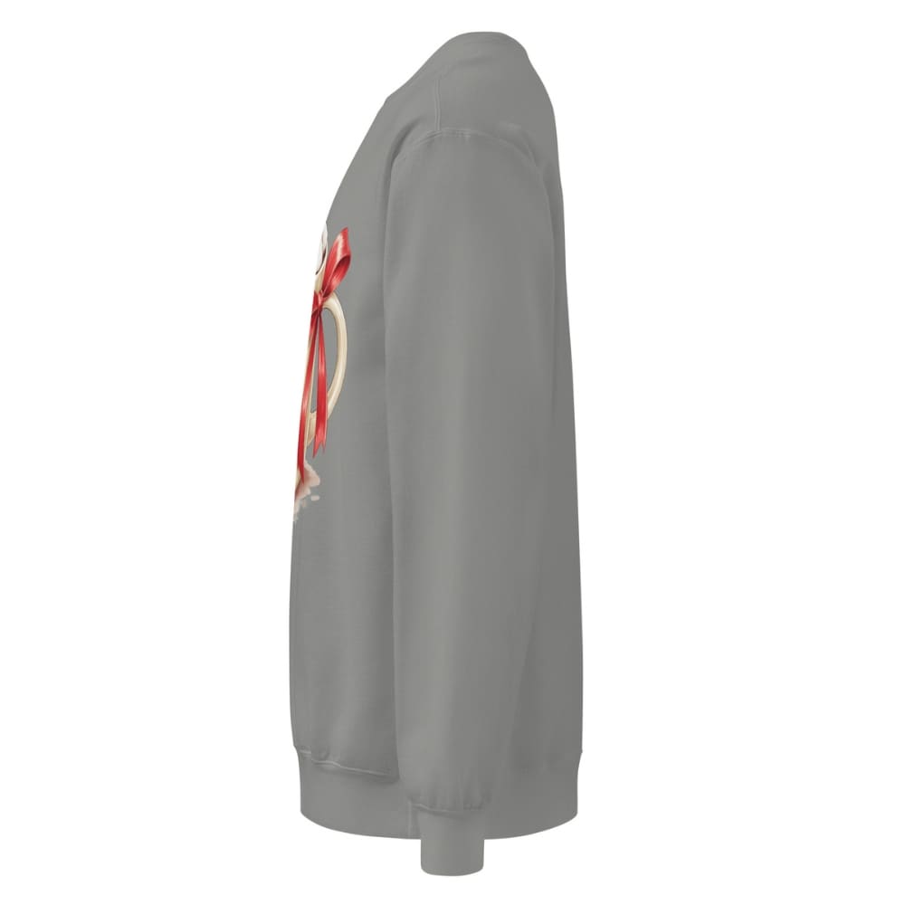 Gray sweatshirt with a red and white graphic on the sleeve against a white background