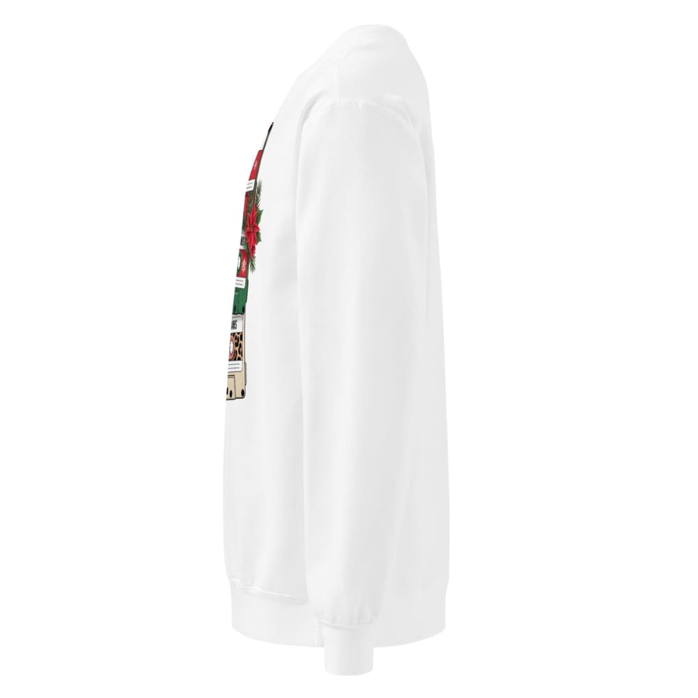 White long-sleeve shirt with a colorful graphic on the sleeve against a white background