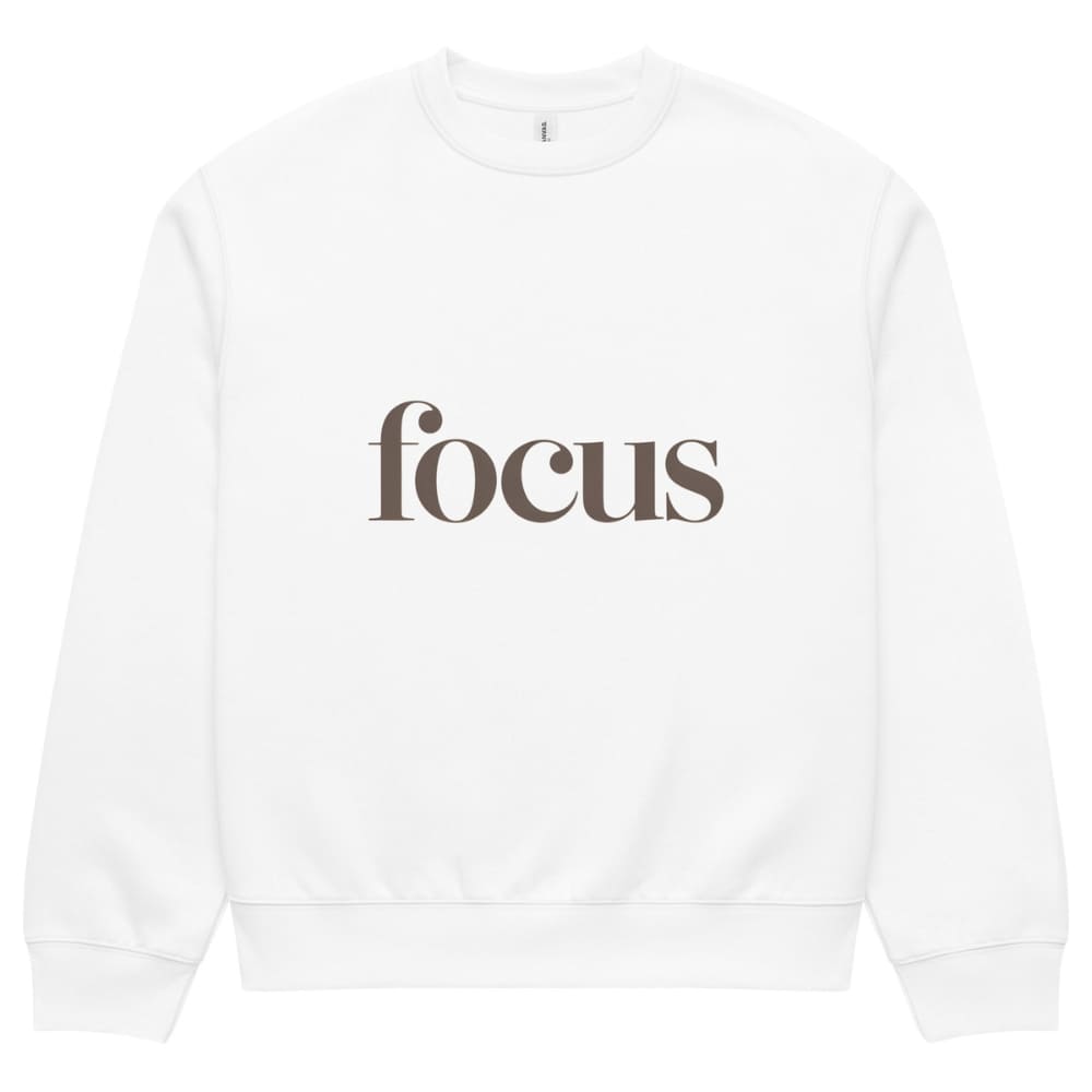 White sweatshirt with 'focus' text on a white background