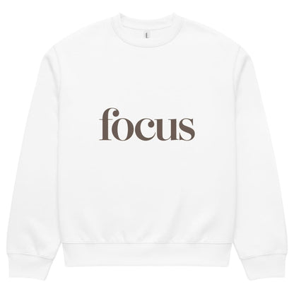 White sweatshirt with 'focus' text on a white background