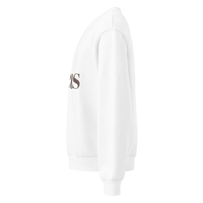 White hoodie with a brand logo on the chest against a white background