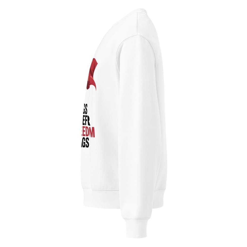 White hoodie with red and black text on sleeve against a white background