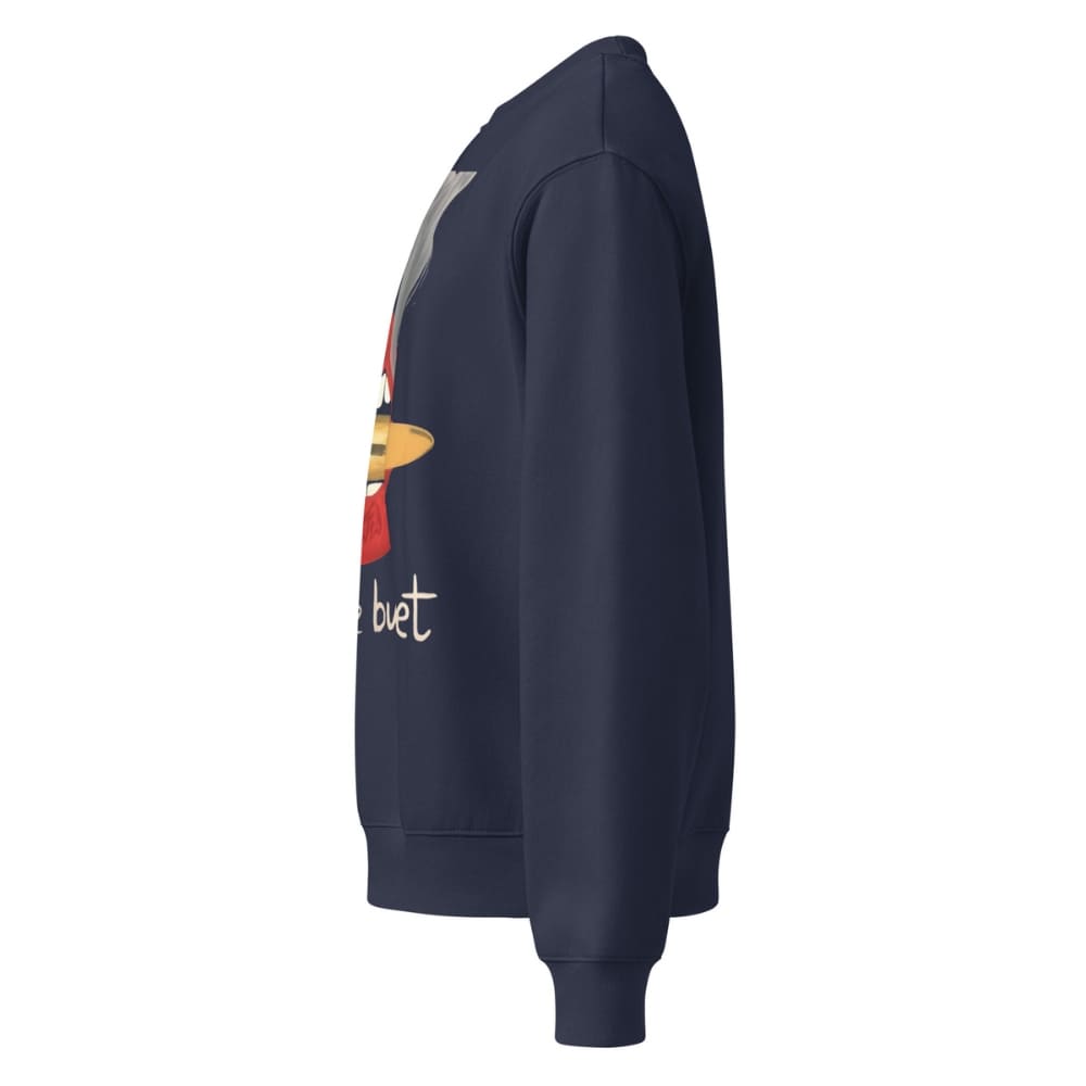 Navy blue sweatshirt with colorful graphic on a white background