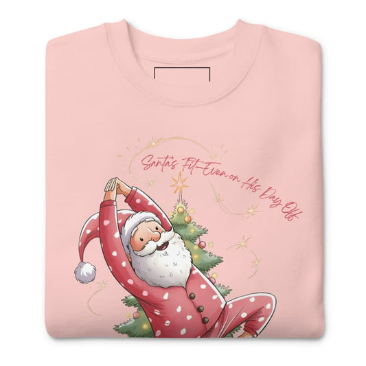 Pink sweatshirt with a cartoon Santa Claus doing yoga and Christmas tree, on a white background.