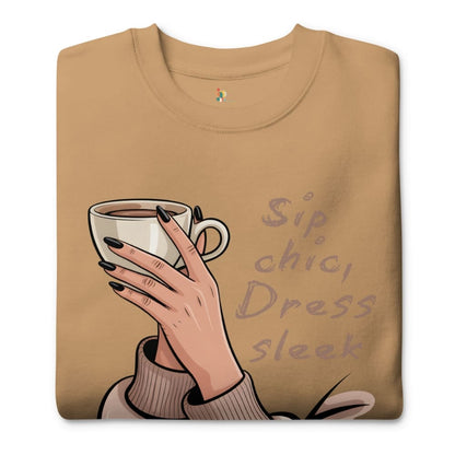Folded brown sweatshirt with a hand holding a coffee cup illustration and text 'Sip chic, Dress sleek'.
