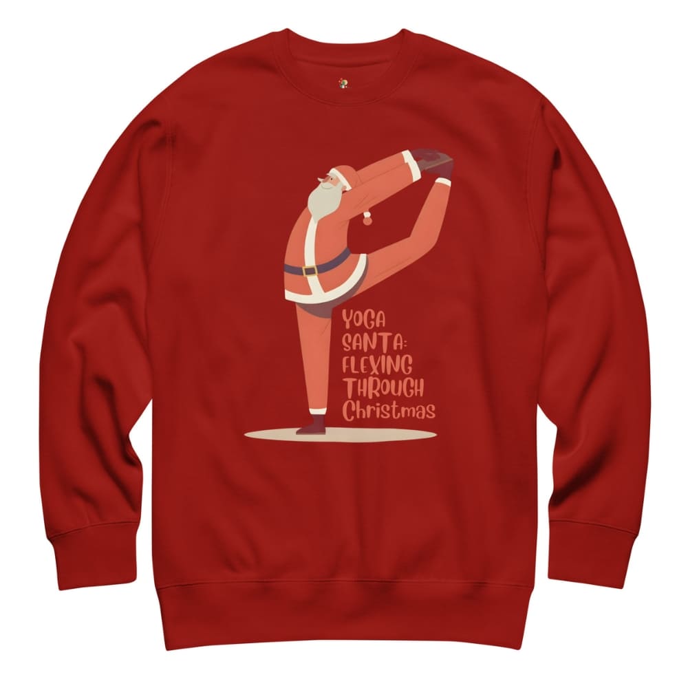 Red sweatshirt with a graphic of Santa Claus doing yoga and text 'Yoga Santa: Flexing Through Christmas' on a white background.