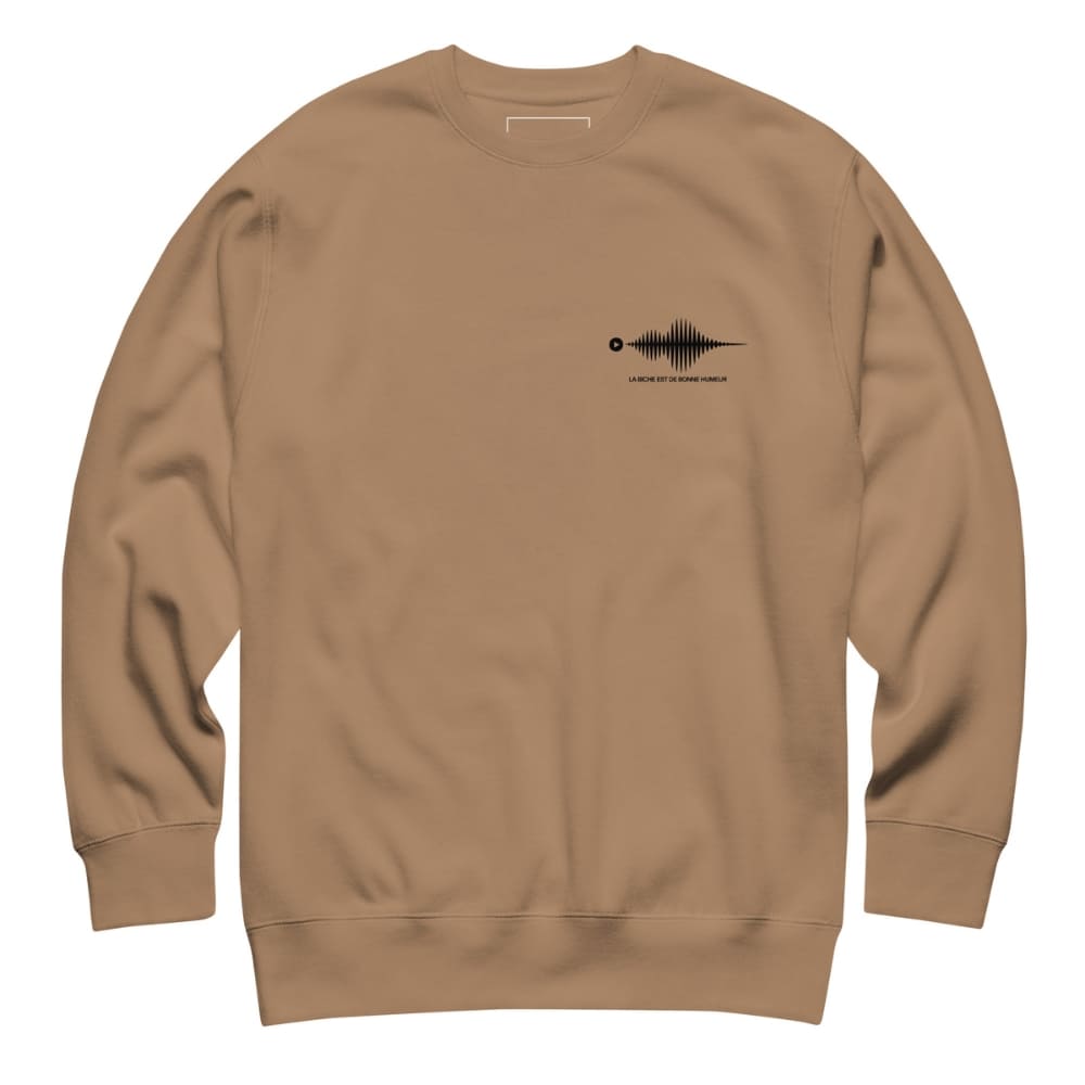 Brown sweatshirt with a black graphic on the chest against a white background