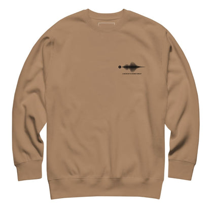 Brown sweatshirt with a black graphic on the chest against a white background