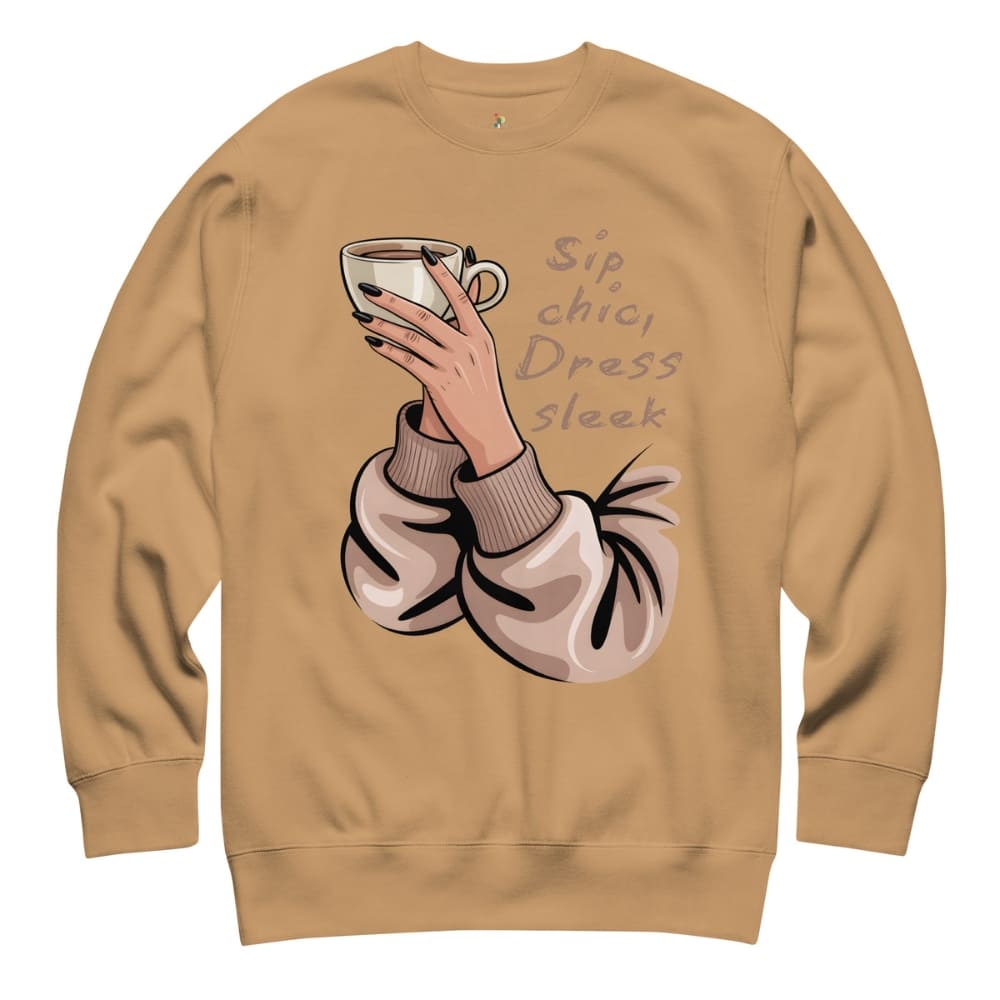 Beige sweatshirt with a graphic of a hand holding a coffee cup and text on a white background